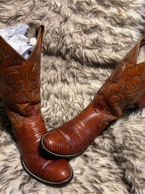 Dan Post Men Pecan Brown Lizard & Leather Western Boots Sz 10 D